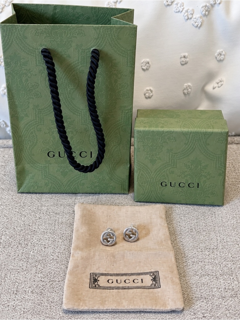 Authentic Gucci Sterling Silver Interlocking G Stud Earrings with Box & Pouch